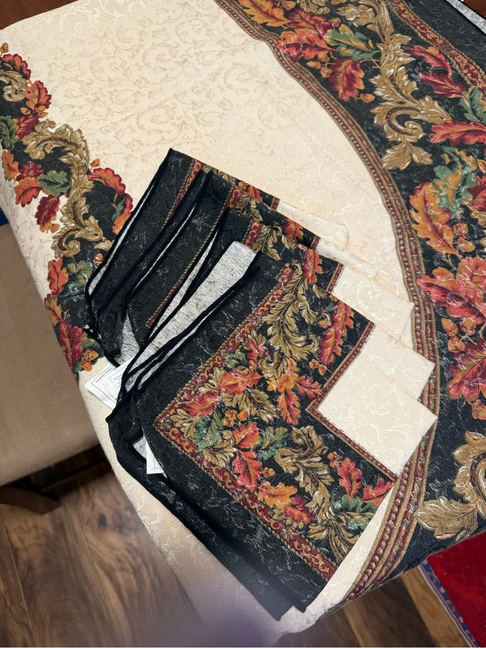 Oval Floral Jacquard Tablecloth in Cream and Multicolor with matching napkins